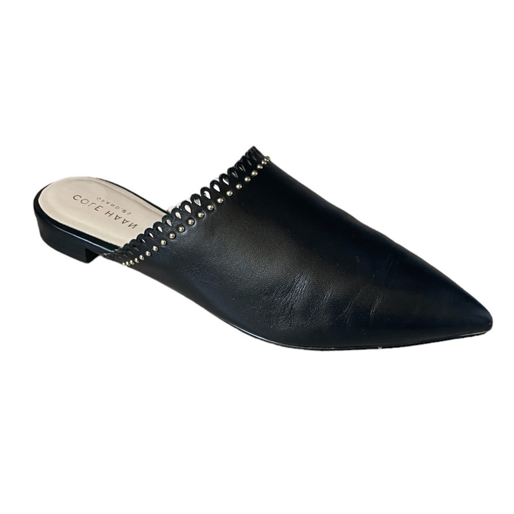Cole Haan Raelyn Black Leather Point Toe Mule Flats Scalloped Studded 6B